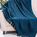Wisdom Decor Waffle Knit Throw Blanket with Tassels for Sofa & Bed for All Seasons – Lightweight Decorative Cozy Blanket for Living Room & Bedroom (127x152 cm) (Teal) Kafalo