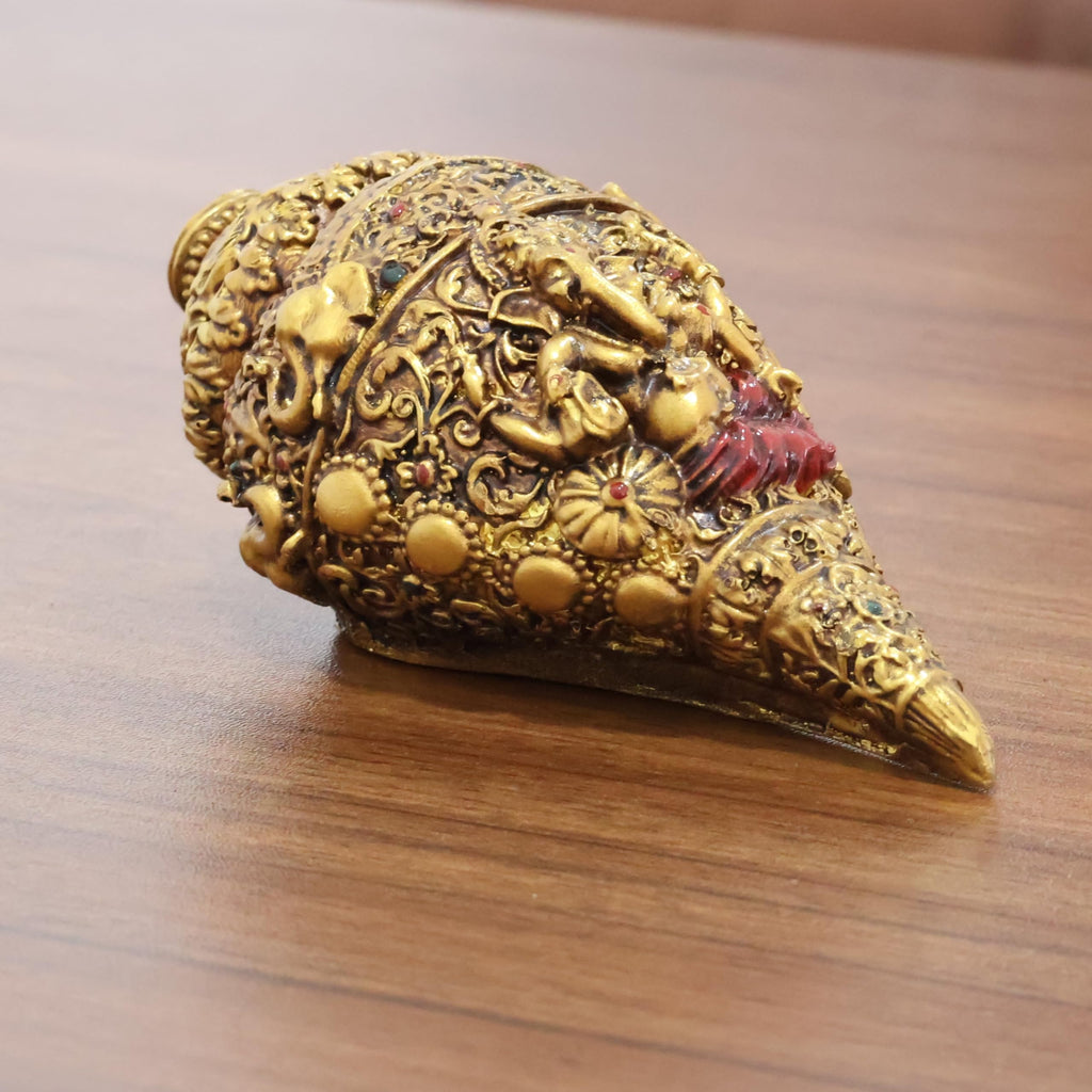 KridayKraft Decorative Lord Ganesha Shank, Gold-Toned, Conch Shell for Wealth, Prosperity and Good Luck Intricate Design, 12 cm x 6 cm polyresin