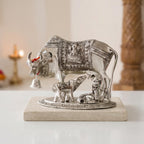 KridayKraft Kamdhenu Cow & Calf with Bal Gopal Krishna Metal Statue Vastu Idol for Good Luck, Wealth & Prosperity, Feng Shui Showpiece for Home, Office & Housewarming Gift (Silver)
