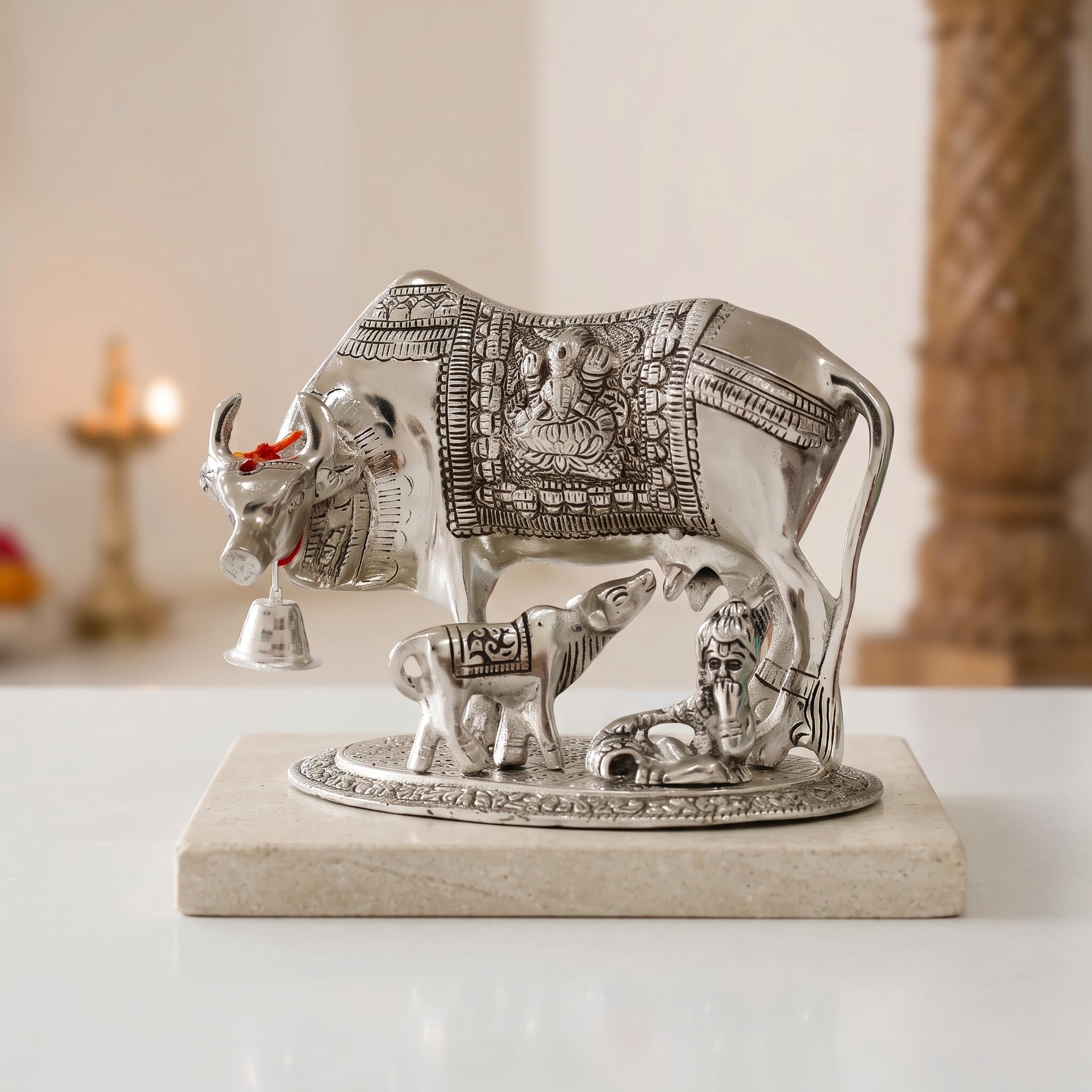 KridayKraft Kamdhenu Cow & Calf with Bal Gopal Krishna Metal Statue Vastu Idol for Good Luck, Wealth & Prosperity, Feng Shui Showpiece for Home, Office & Housewarming Gift (Silver)