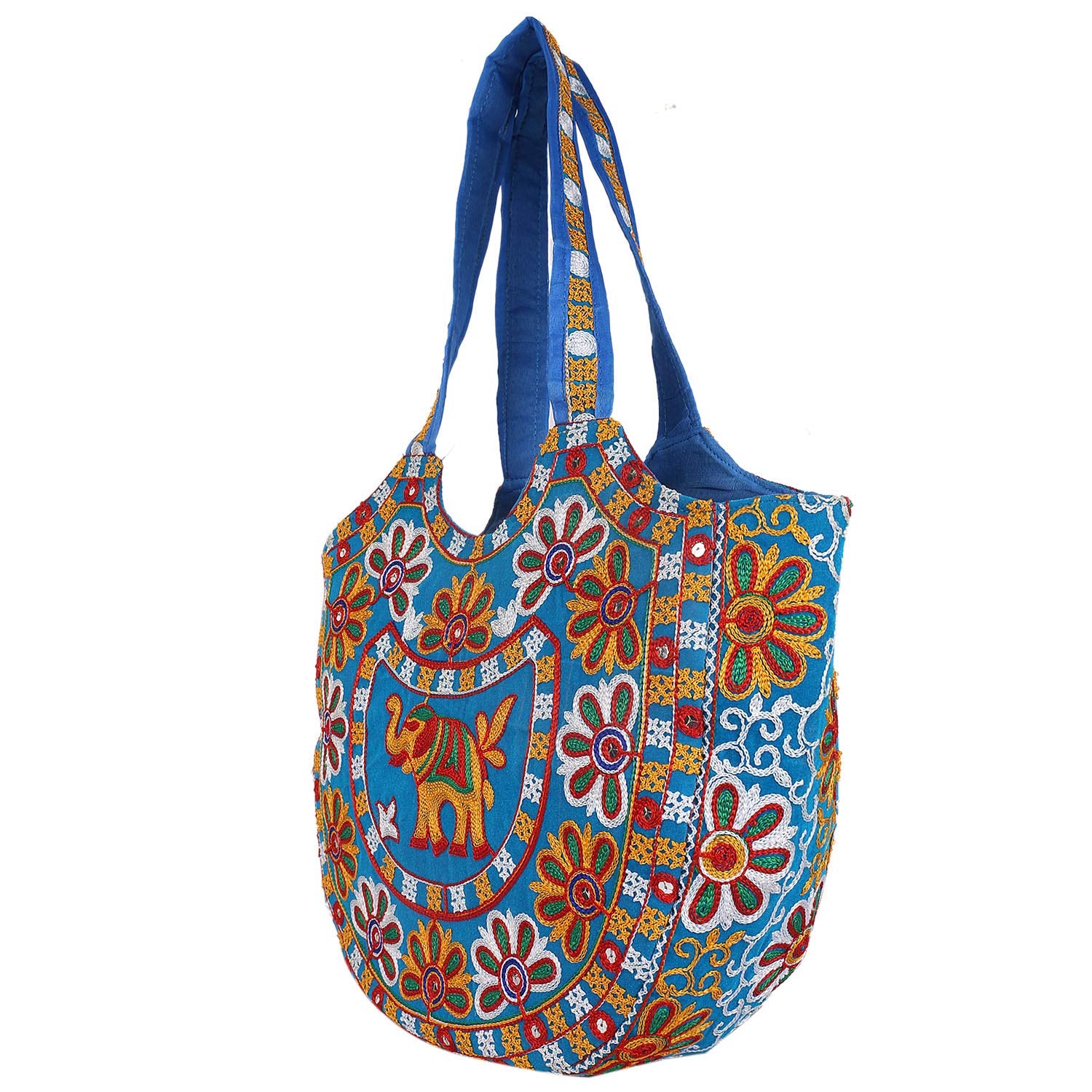 Craft Trade Women's Cotton Tote Bag with Zip 46x30x12 Cm Embroidered Shopping Bag Elephant Design - Sky Blue