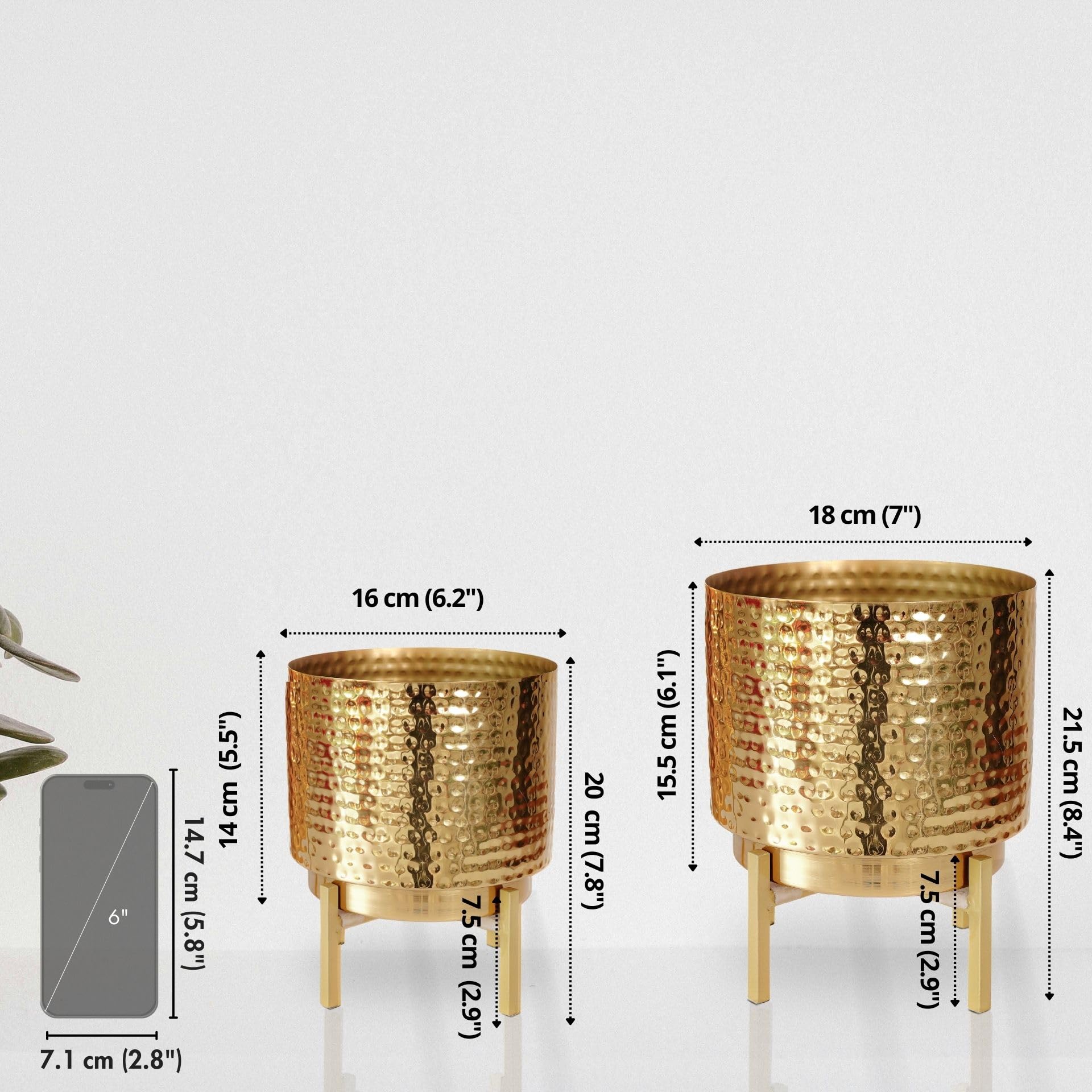BEHOMA Hammered Gold Metal Indoor Planters Set - Set of 2