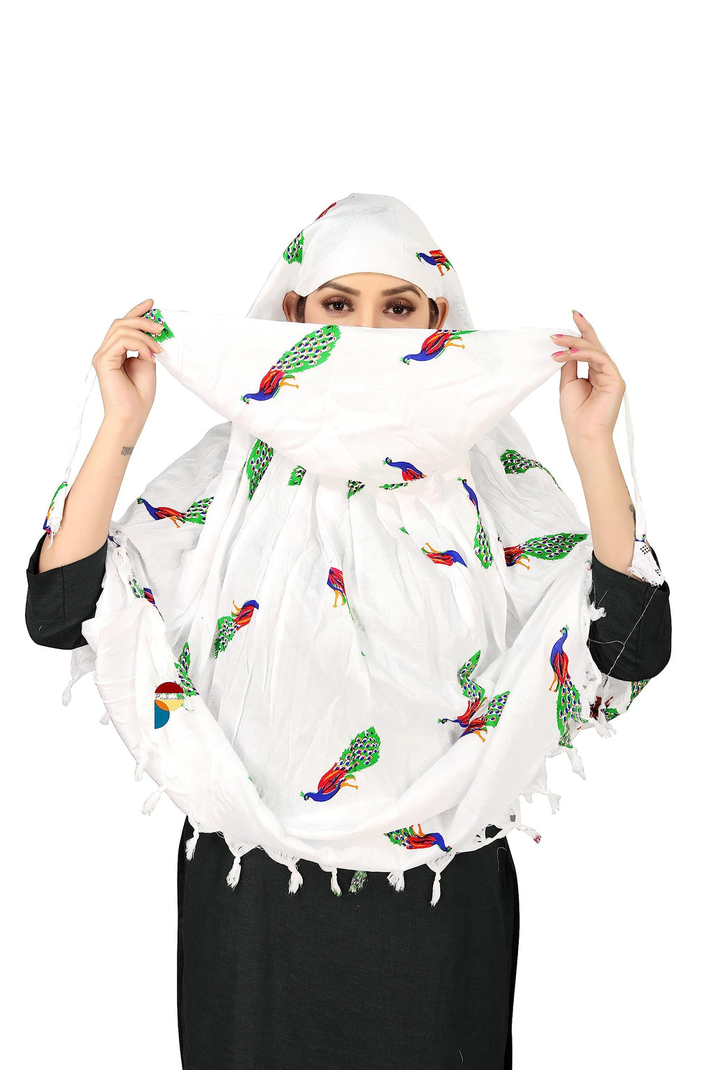PRACHARAN Cotton Innovative Stylish Peacock Printed Pattern Fancy Female Scarf With Sun Protection Cover Face Cotton Driving Scarf For Women's and Girls, White