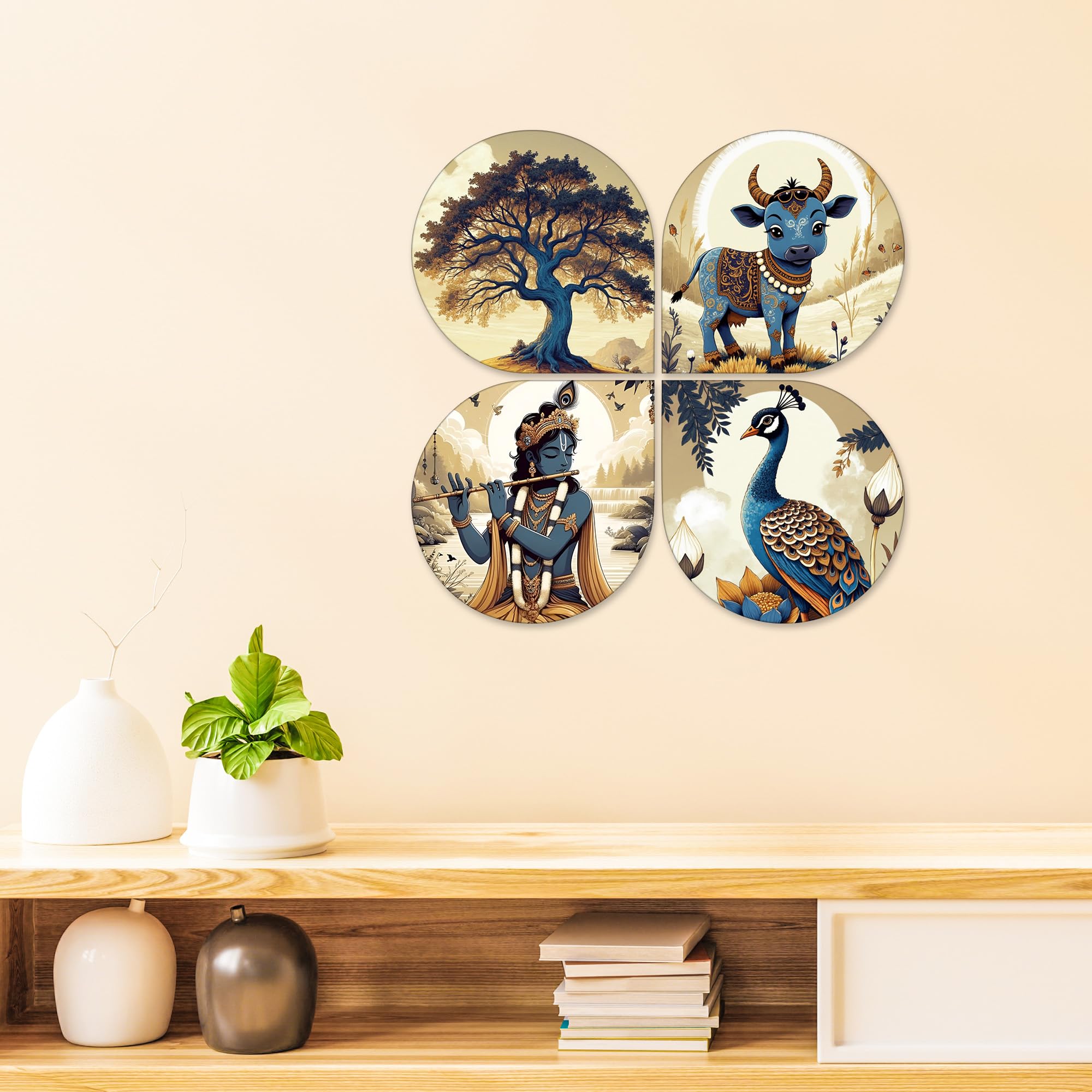 Artvibes Krishna Traditional Wooden Art Decoration Item for Living Room | Living Room | Office | Cafe | Painting Wall Decor | Wall Art Print | Ethnic Wall Decor | Unique Gift Item (WH_8453N), Set of 4