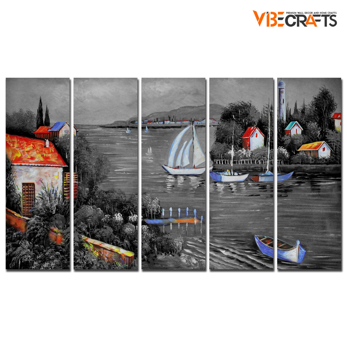 VIBECRAFTS Beautiful Lake View Scenery 5 Pieces Canvas Wall Painting For Home | Office | Living Room | Gift(PTVC5Pcs4_8552)