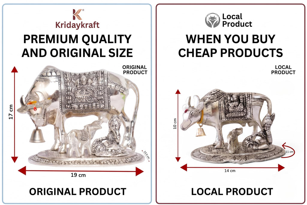 KridayKraft Kamdhenu Cow & Calf with Bal Gopal Krishna Metal Statue Vastu Idol for Good Luck, Wealth & Prosperity, Feng Shui Showpiece for Home, Office & Housewarming Gift (Silver)