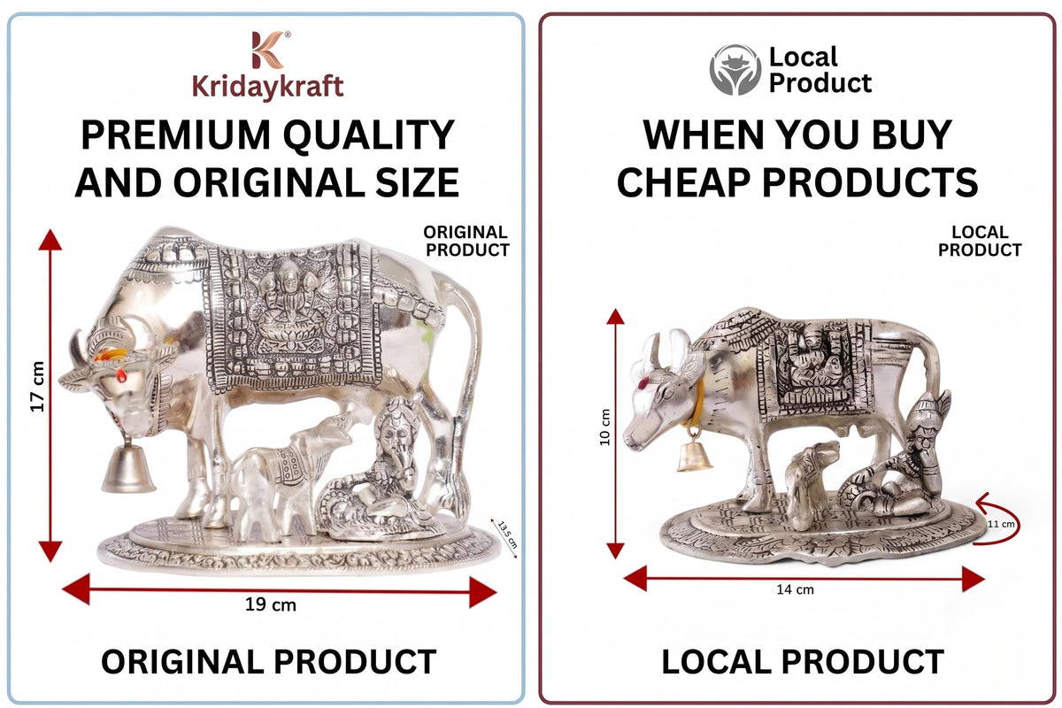 KridayKraft Kamdhenu Cow & Calf with Bal Gopal Krishna Metal Statue Vastu Idol for Good Luck, Wealth & Prosperity, Feng Shui Showpiece for Home, Office & Housewarming Gift (Silver)