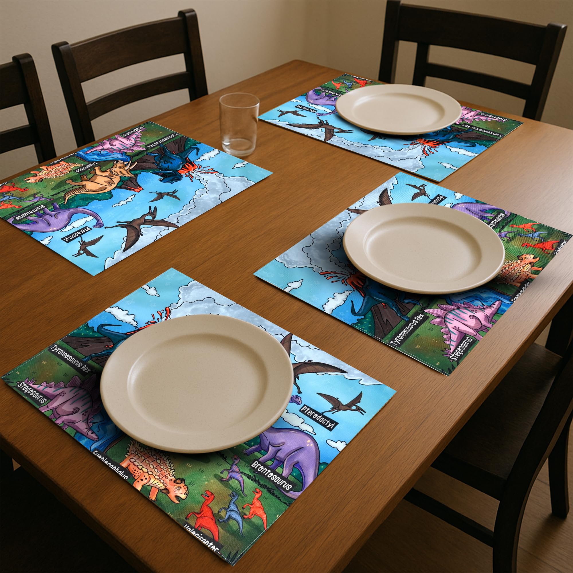 PRAKARTIK BY INDUARTS Dining Cloth Table Mats Set of 4 - Dinosaur Kids Theme,Digital Print, Washable, Indoor/Outdoor, Heat-Proof, Water Resistant, Wipe & Clean (47X33 cm) Green & Multi Kafalo