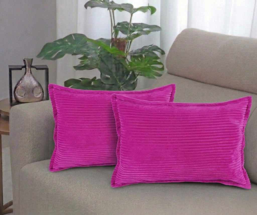 RD TREND® Corduroy Cushion Cover Set of 2, Striped Double Sided Decorative Throw Pillowcases for Sofa, Bed & Living Room Rectangular Long Cushion Covers 18x28 inches | Dark Pink