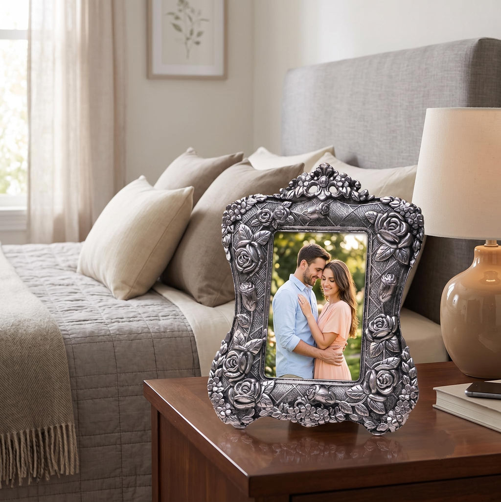 KridayKraft Aluminium Rose Flower Photo Frame with Silver-Plated Design Useful for Boys and Girls Home Decor, Wall Decor, Gifting and Showpiece (Silver, 24X19 CM)