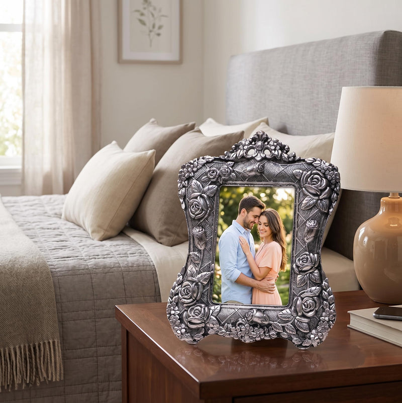 KridayKraft Aluminium Rose Flower Photo Frame with Silver-Plated Design Useful for Boys and Girls Home Decor, Wall Decor, Gifting and Showpiece (Silver, 24X19 CM)
