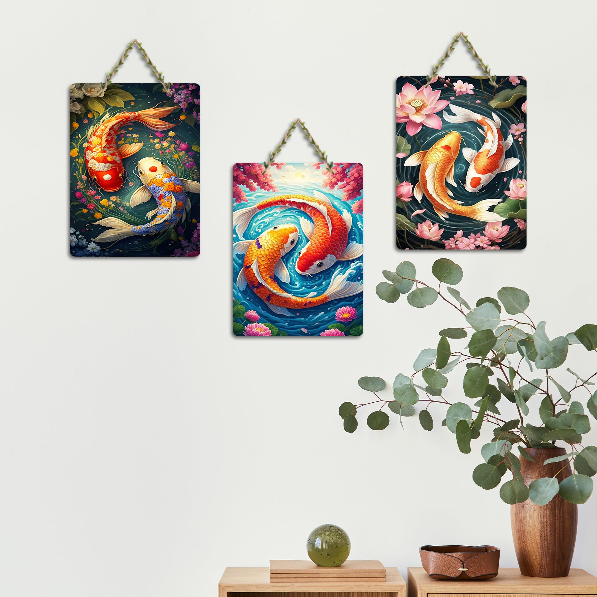 Artvibes Koi Fish Art Home Decorative Wall Art MDF Wooden Wall Hanger for Living Room | Wall Sculpture | Signs & Plaques | Graphic Artwork | Poster | Wall Accents | Unique Gift (WH_96169N), Set of 3