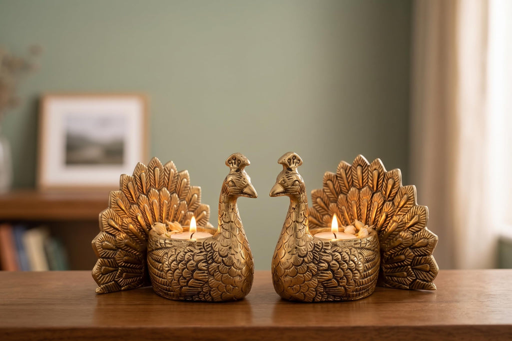 Kridaykraft Aluminum Peacock Pair Tealight Candle Holder Set | Gold Finish Traditional Decorative Showpiece for Home Decor, Diwali Diya, Living Room, Table Centerpiece & Festive Gifting (Set of 2)