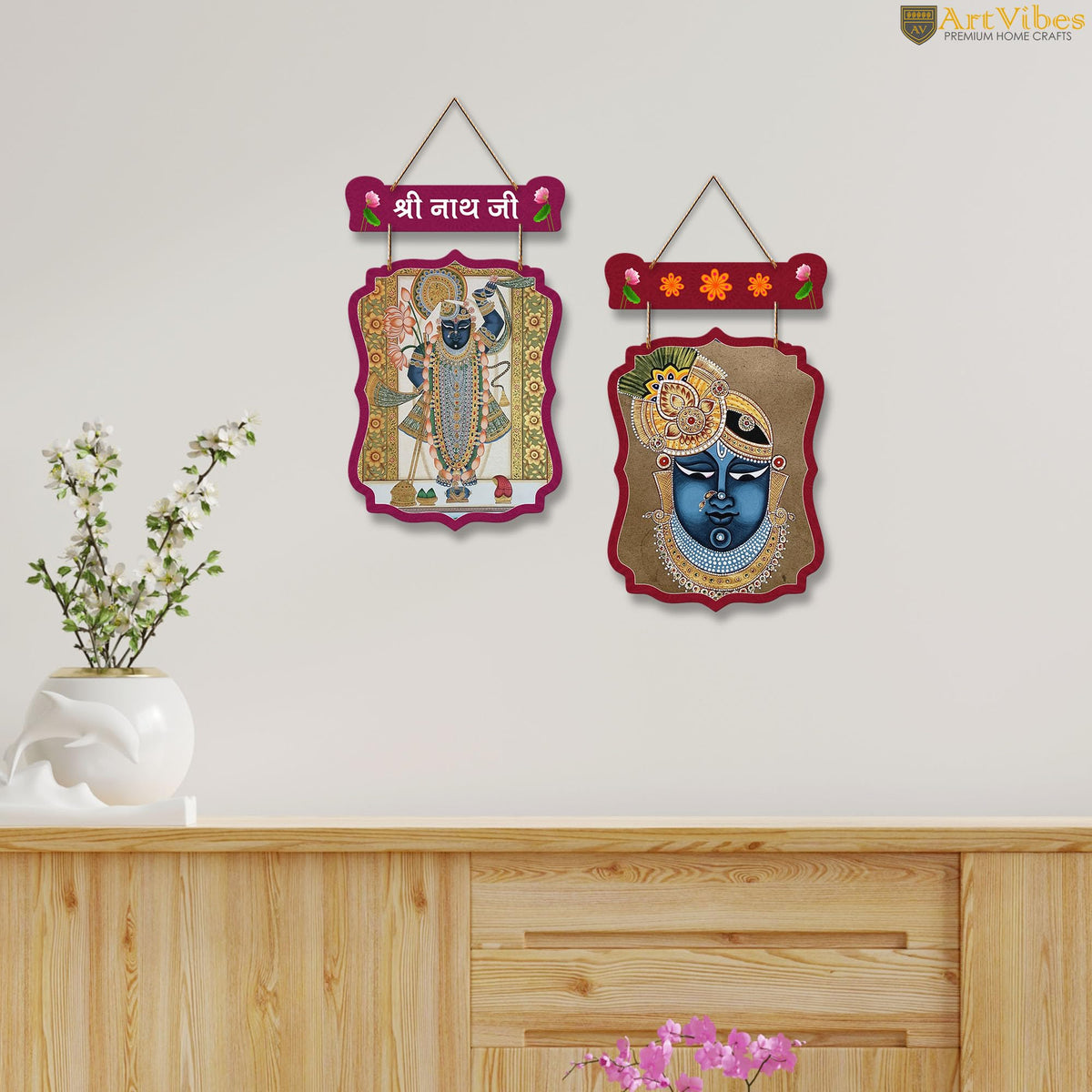Artvibes Shri Nathji Pichwai Art Wall Hanging Home Decorative Wall Art for Prosperity | Spiritual Decor Items | Wall Poster | Graphic Art| Stylish Modern Decor Item | Gift Items (WH_9705N), Set of 2