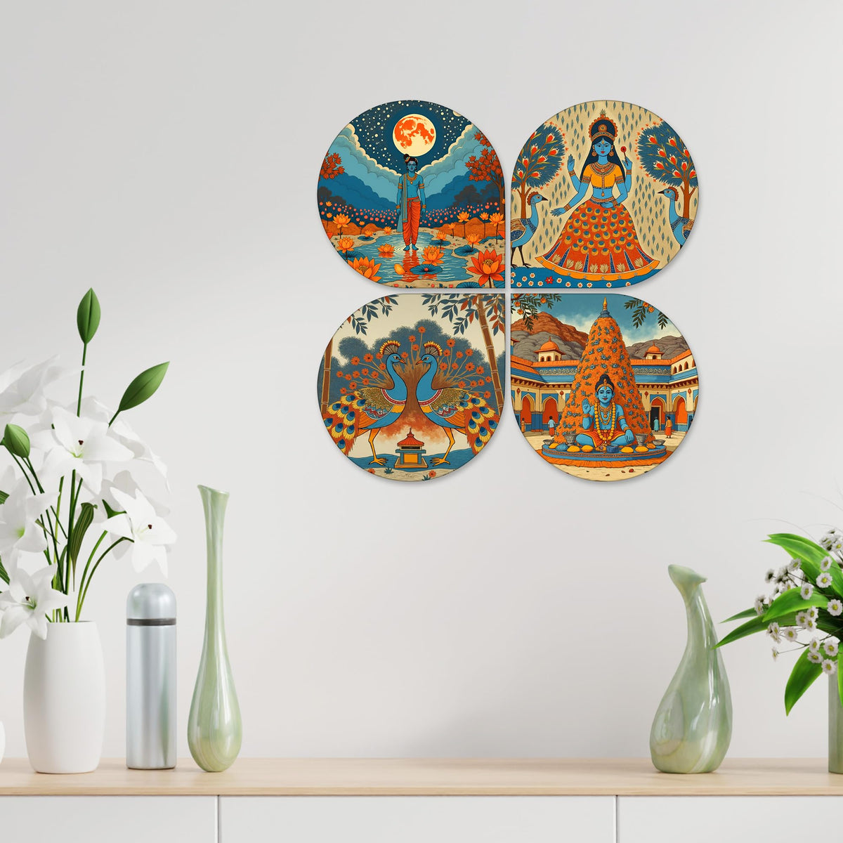 Artvibes Indian Gods Modern Art Decorative MDF Wooden Wall Art for Home | Wood Decorative Items | Modern Decoration | Spiritual | Wall Illustrations | Handcrafted Art | Gift Items (WH_8447N), Set of 4