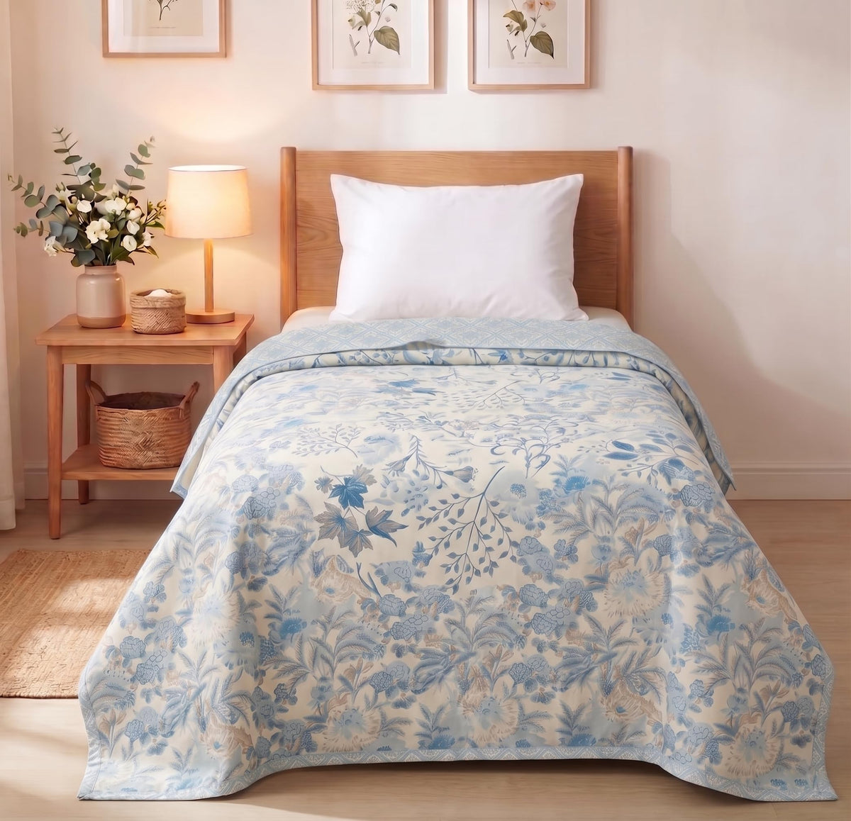 VAS COLLECTIONS Cotton AC Blanket for Single Bed, 147x230 cm | Reversible Lightweight All Season Comforter | Soft Breathable Skin-Friendly Blanket for Bedroom Use (Azure Meadow) Kafalo