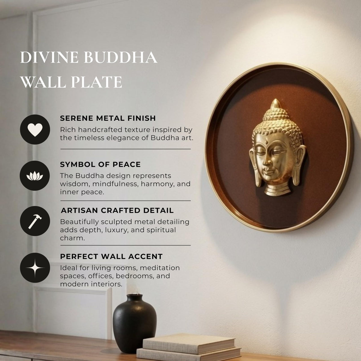 BEHOMA Divine Buddha Metal Wall Plate Coffee Brown & Gold 9.8