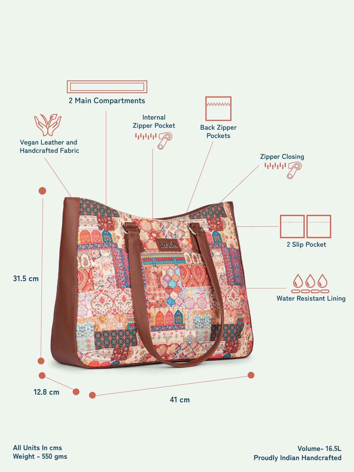 ZOUK Kutch Gamthi Getaway Handbag | Jute | Vegan Leather Handcrafted Tote Bag | Multicolor