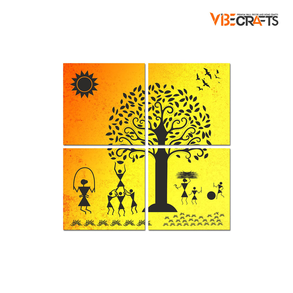 VIBECRAFTS Beautiful Warli Art Village 4 Pieces Canvas Wall Hanging Painting Fitted With Wooden Frame For Home | Office | Living Room | Gifts (PTVC4Pcs5_16603)