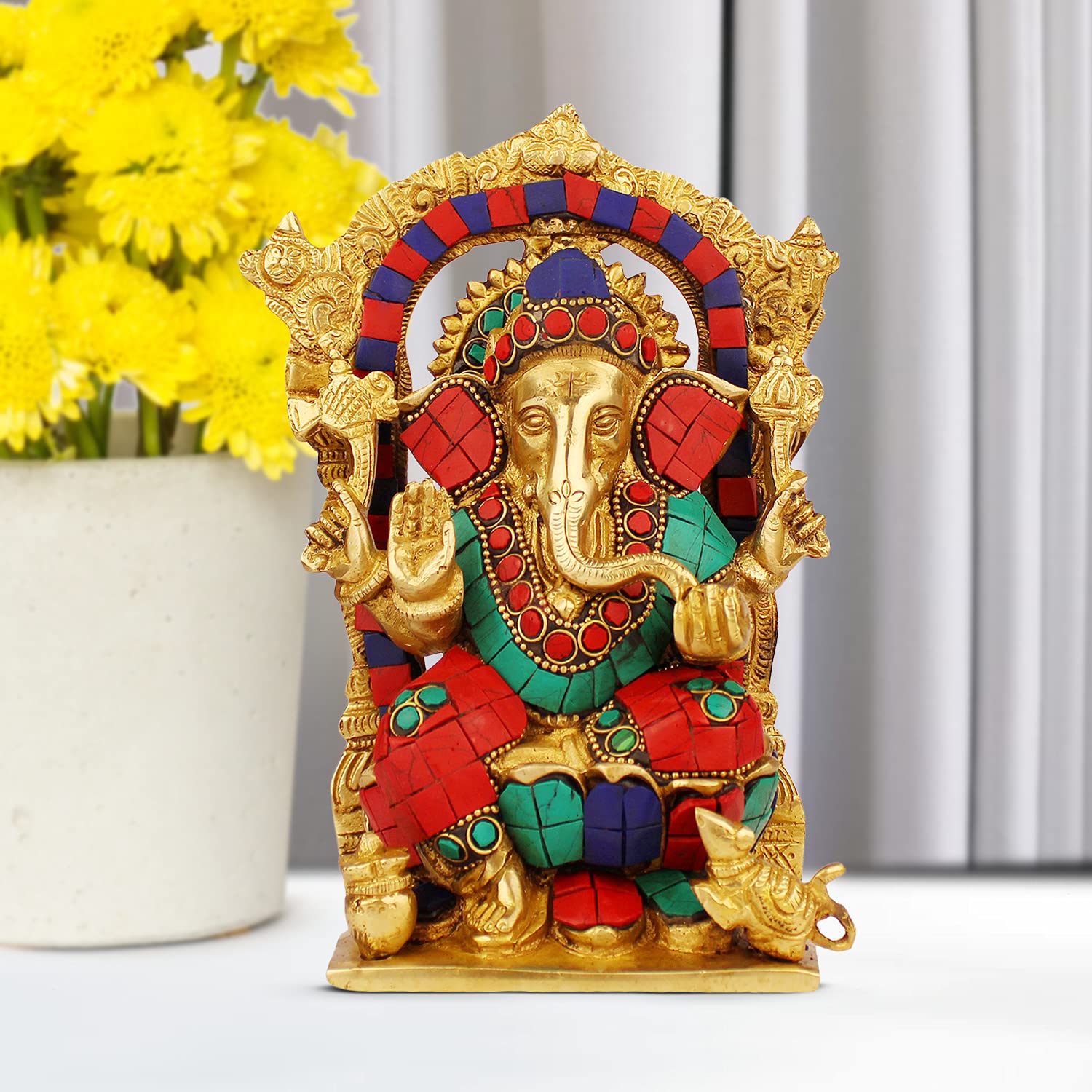 ARTVARKO Brass Lord Ganesh Murti Ganesha Sitting on Lotus Singhasana with Kalash and Mouse Idol Statue for Home Showpiece and Gift Height 7.5 Inch.