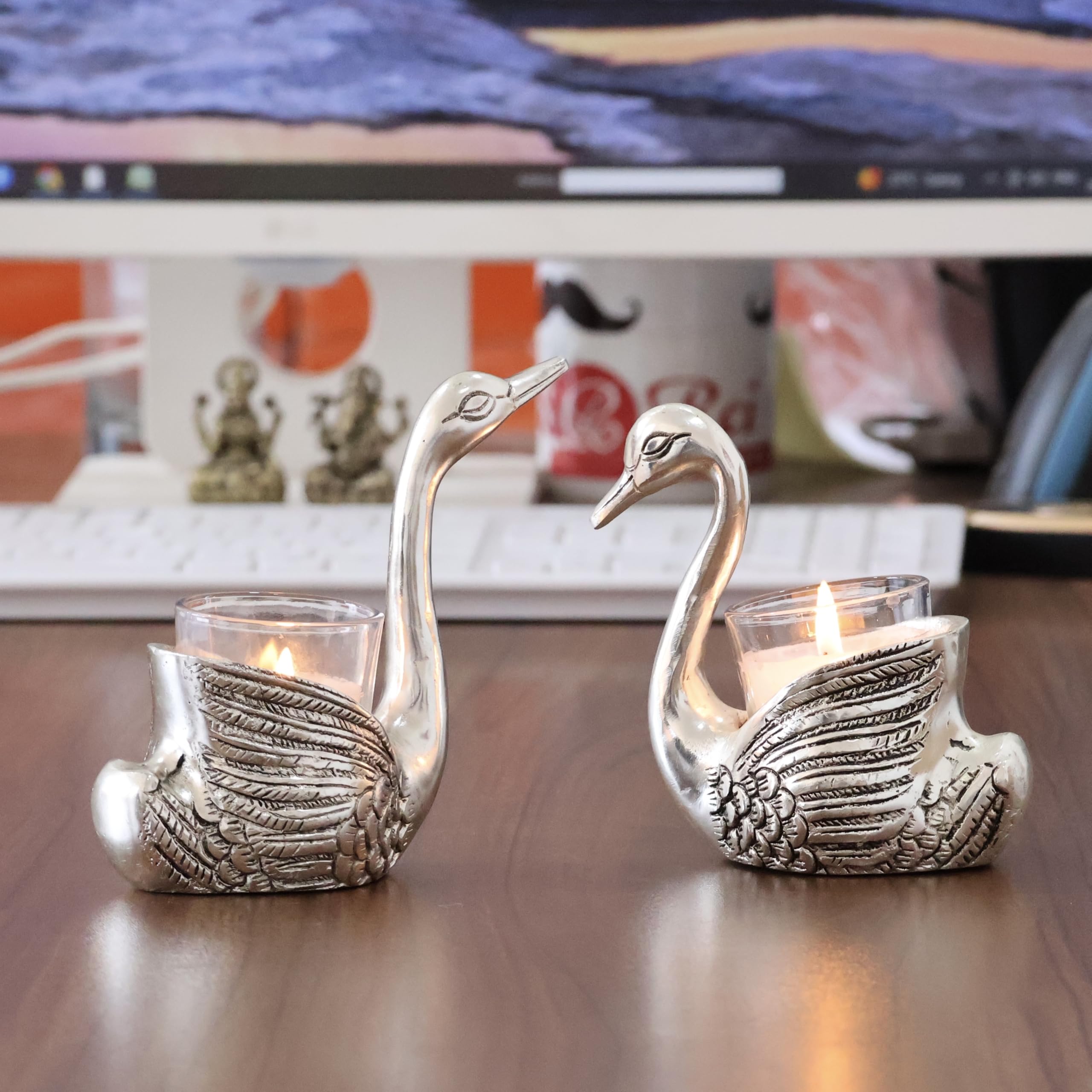 KridayKraft Aluminium Pair of Swans for Good Luck and Love | Candle Holder for Home Decor Tabletop | Showpiece for Gifting Anniversary Valentine's Day (Votive Candle Holders)