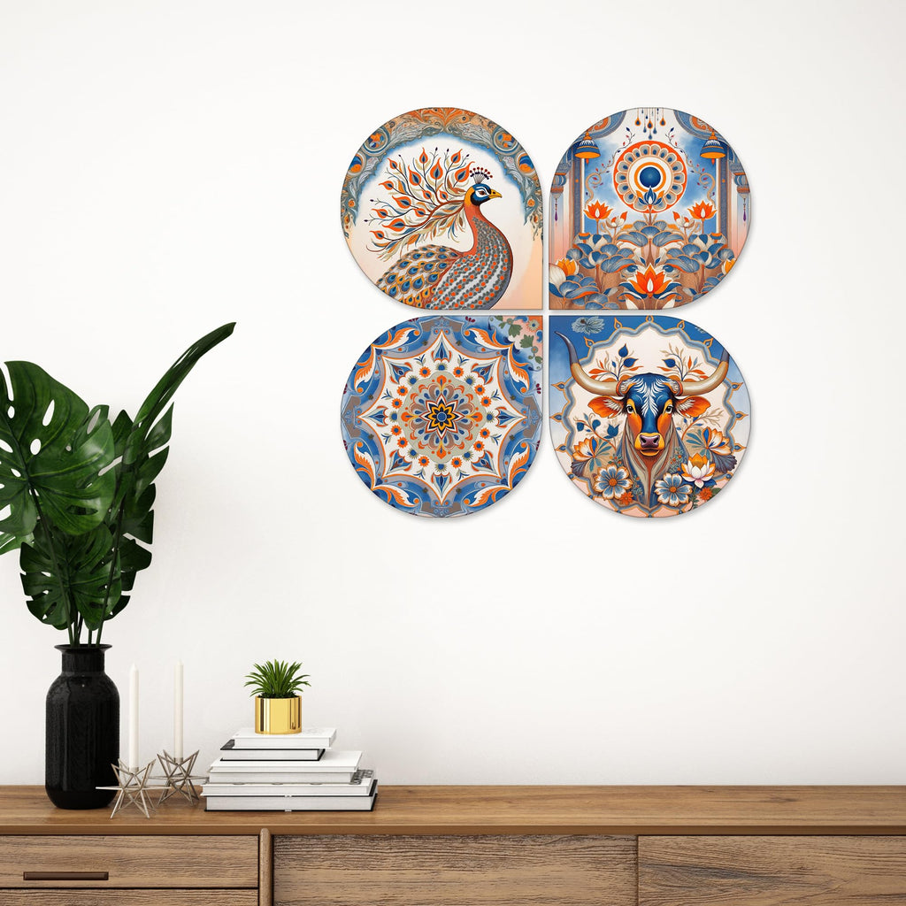Artvibes Folk Nature Wooden Wall Hanger for Home Decor | Living Room | Festive Decor | Decoration Wall Hanging Items | Wall Illustrations | Aesthetic Wall Art | Unique Gift Items (WH_8463N), Set of 4