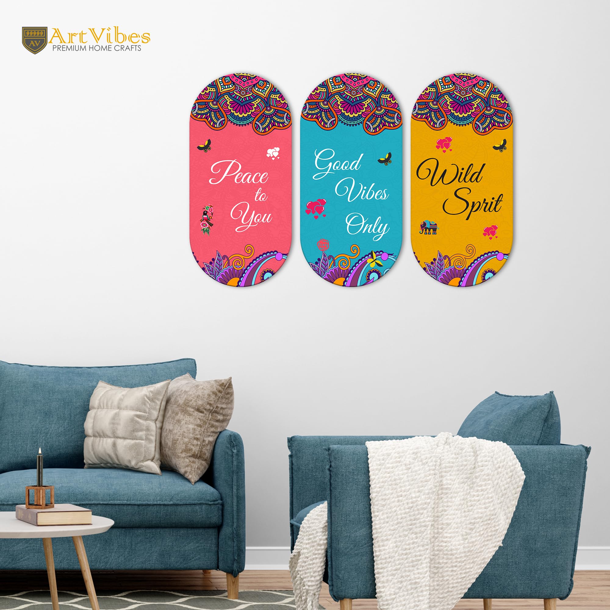 Artvibes Positive Quote Wooden Wall Hanging Decoration Items for Home | Gifts | Bedroom | Wooden Wall Hanger | Mdf Wall Decoration for Living Room | Artworks | Modern Decor Items (WH_9010N), Set of 3