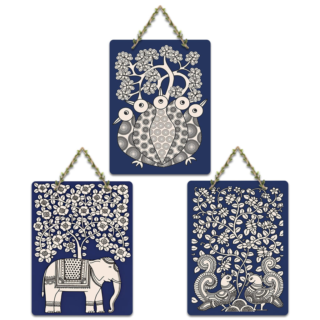 Artvibes Elephant Peacock Madhubani Art Home Wooden Art Decoration Item for Home | Modern Decoration Items | Handcrafted Art | Wall Poster | Aesthetic Wall Hanging | Unique Gift (WH_96175N), Set of 3