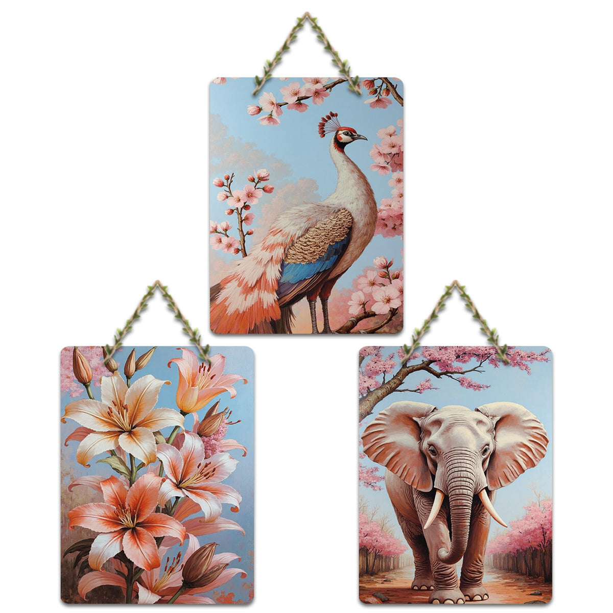 Artvibes Elephant, Peacock & Floral Harmony Decorative Wall Hanging Ornaments | Handcrafted Art | Festive Decor | Wall Illustrations | Paintings For Wall | Unique Gift Items (WH_9654N), Set of 3