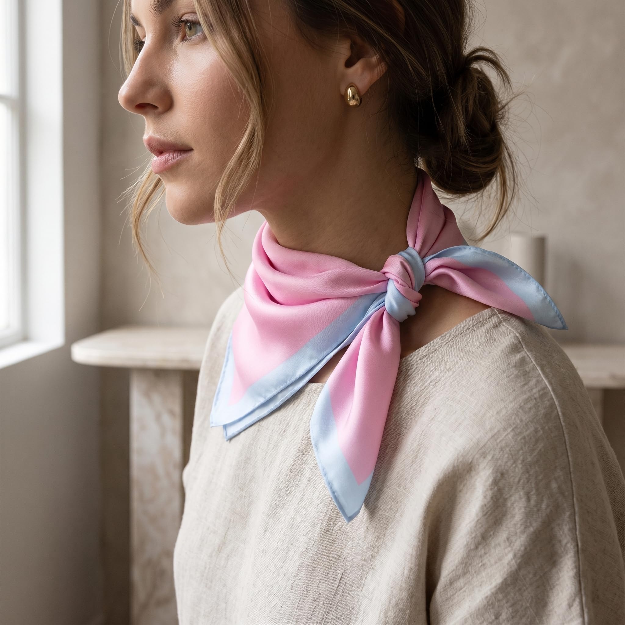 ONE ECHELON Satin Silk Small Neckerchief Square Scarf (Rosy Sky)