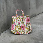 Mohinii Large Cotton Quilted Tote Bag - 18x18 Inch Ikat Print Shopping Bag for Women, White Pink Ethnic Design