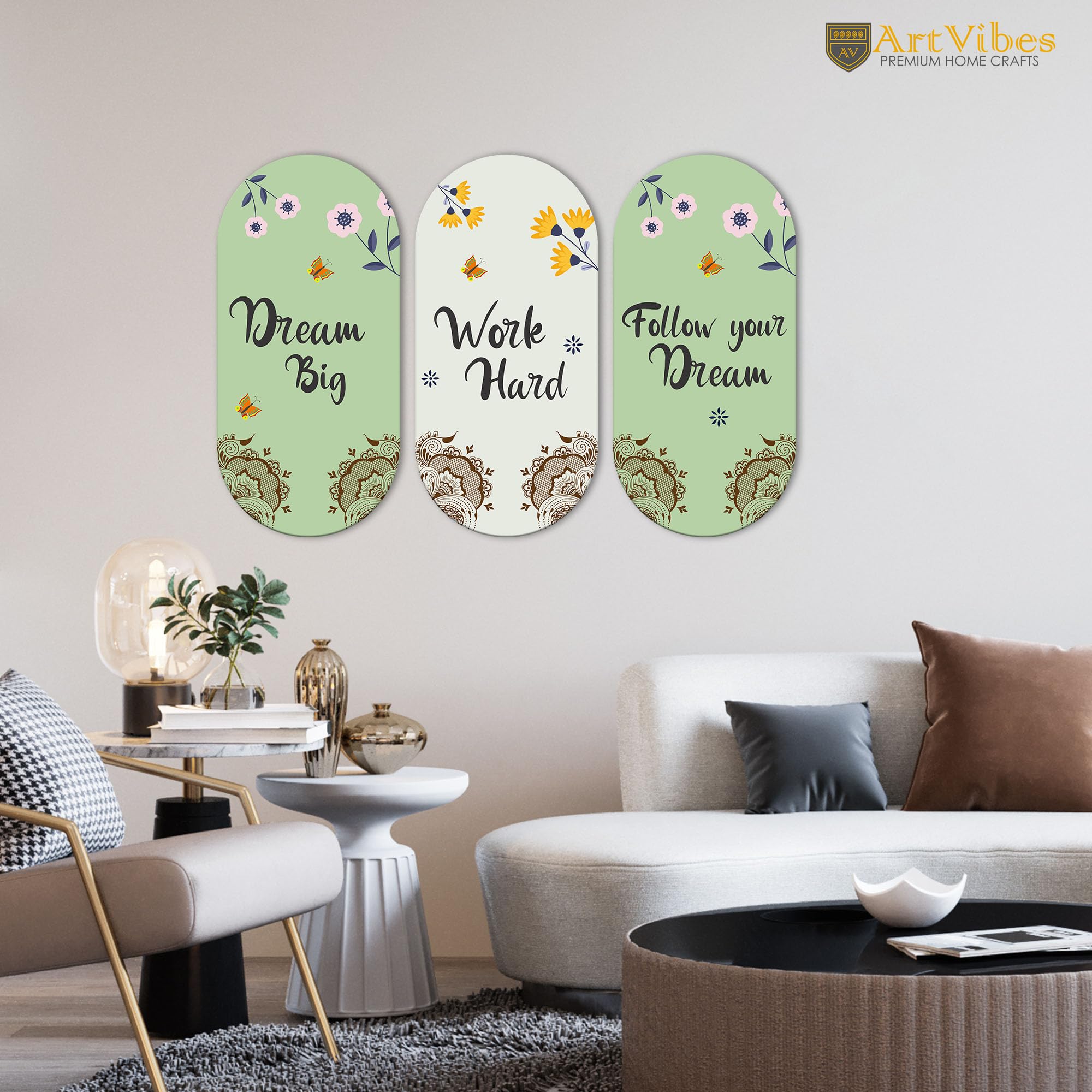 Artvibes Work Hard Motivational Quote Wall Hanging Decoration for Home | Gifts | Wooden Decorative Hanger | Mdf Decoration for Living Room | Artworks | Modern Decor Items (WH_9024N), Set of 3
