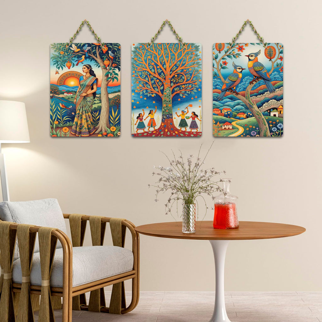 Artvibes Women & Kids Under The Tree Decorative Wall Art MDF Wooden Wall Hanger for Home | Handcrafted Art | Festive Decor | Wall Poster | Paintings For Wall | Ideal Gifts (WH_9684N), Set of 3
