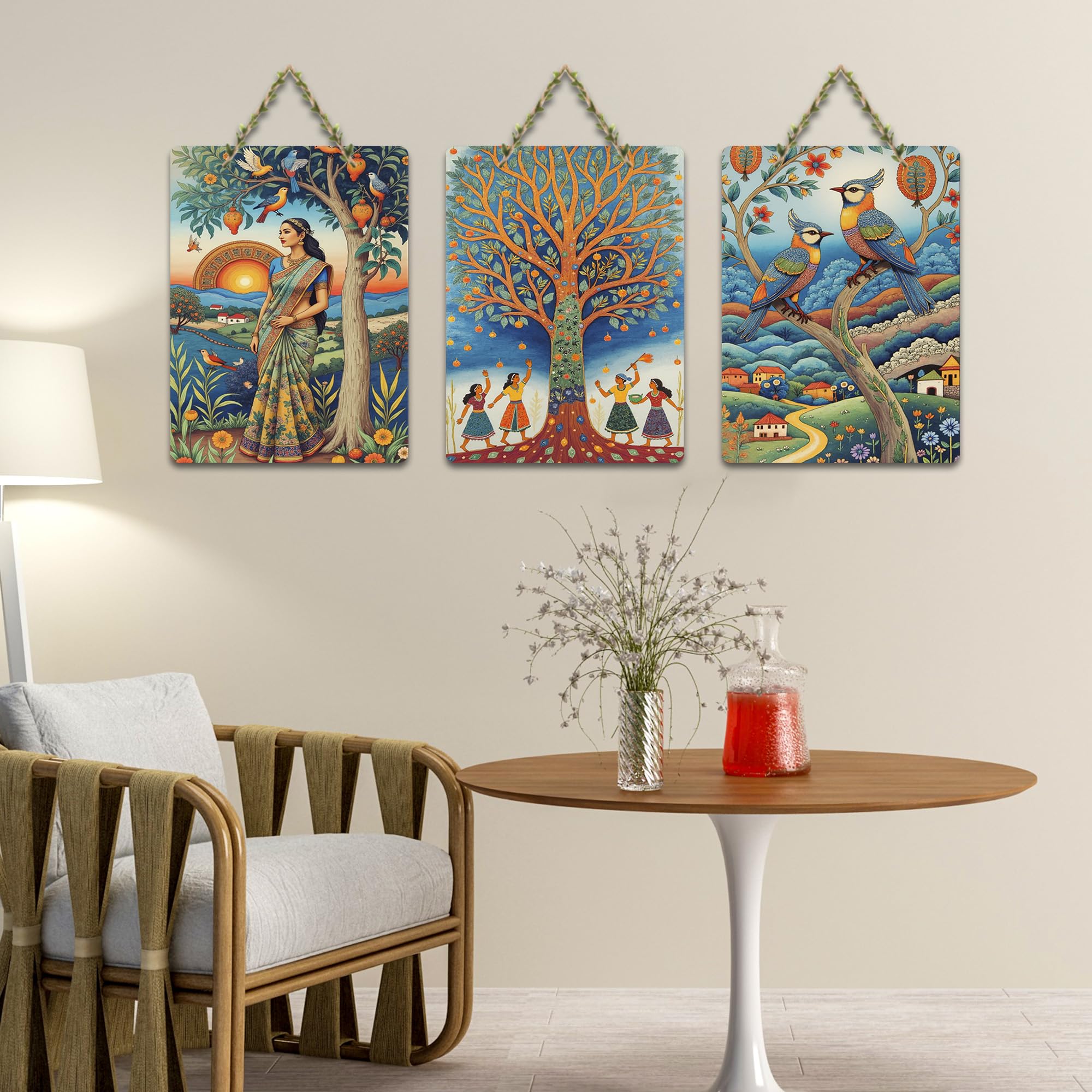 Artvibes Women & Kids Under The Tree Decorative Wall Art MDF Wooden Wall Hanger for Home | Handcrafted Art | Festive Decor | Wall Poster | Paintings For Wall | Ideal Gifts (WH_9684N), Set of 3
