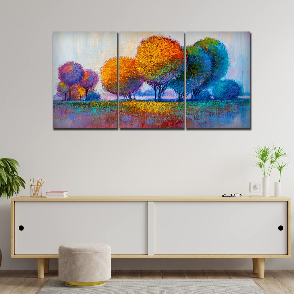 VIBECRAFTS 3 Pieces Beautiful Round Trees Canvas Wall Painting Fitted With Wooden Frame For Home | Office | Living Room | Gifts(PTVC3Pcs3_11517)