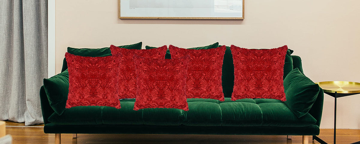 JDX Desighner Floral Style Cushion Cover Set for Living Room and Sofa, 8048_Red,Velvet,250 TC