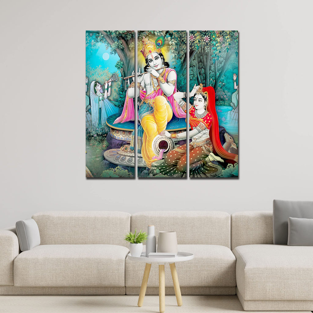 VIBECRAFTS 3 Pieces Shree Krishna In Vrindavan Canvas Wall Painting Fitted With Wooden Frame For Home | Office | Living Room | Gifts (PTVC3Pcs1_9547)