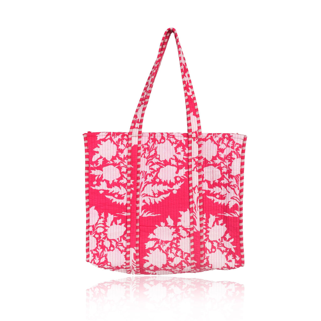 Beautiful Cotton Quilted Tote Bag For Multipurpose tote bag, Shoulder Bag,Shopping bag, Pink Flower Reversible bag.18x15x5.5 Inch