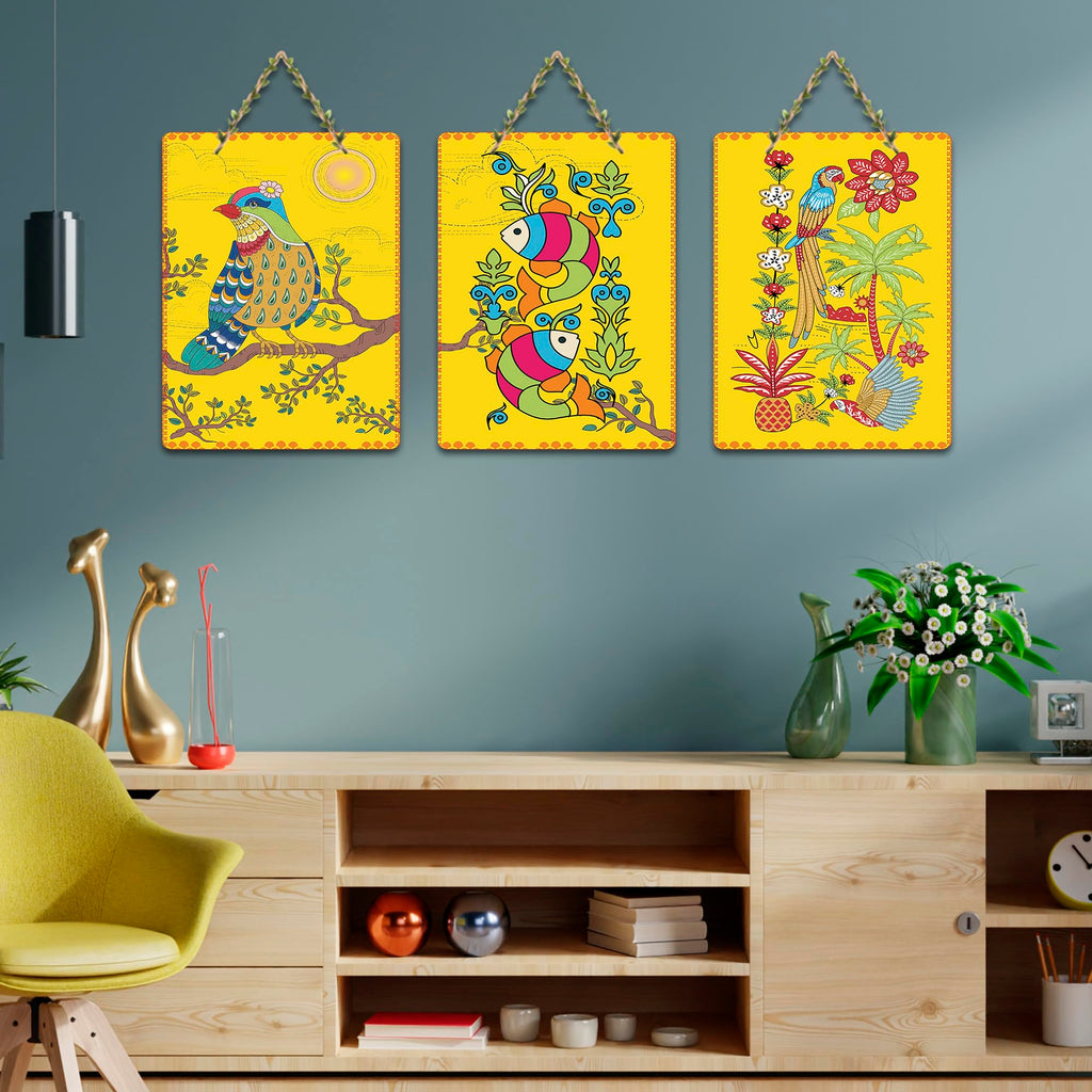 Artvibes Blissful Bird Aquatic Fish & Vibrant Parrot Art Decorative Wall Art MDF Wooden Wall Hanger for Home | Handcrafted Art | Wall Poster | Graphic Artwork | Unique Gift (WH_9621N), Set of 3