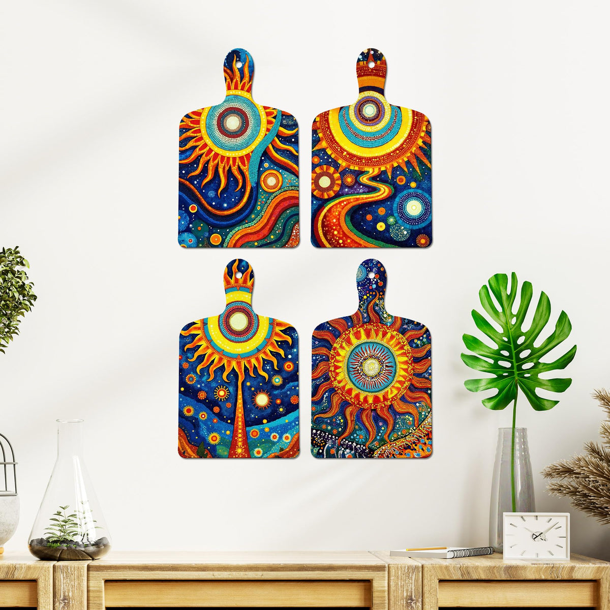 Artvibes Cosmic Sun & Galaxy Art Decorative Wall Art MDF Wooden Wall Hanger for Living Room | Festive Decor Art | Wall Sculpture | Scenery | Aesthetic Wooden Decor | Ideal Gifts (WH_5657N), Set of 4
