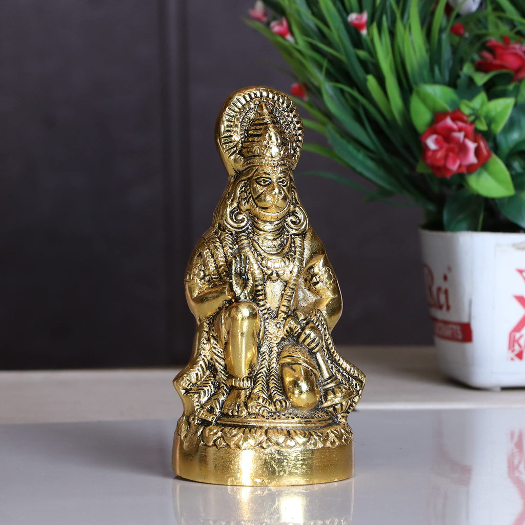KridayKraft Metal Hanuman Ji Statue Sitting Idol Bajrangbali Murti Gift Article Decorative Showpiece, Gold Plated, 1 Piece.