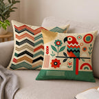 STITCHNEST Printed Satin Cushion Covers Colorful Parrot with Botanical & Geometric Chevron Design, 16x16 Inch, Pack of 2 for Artistic, Playful & Boho Home Styling