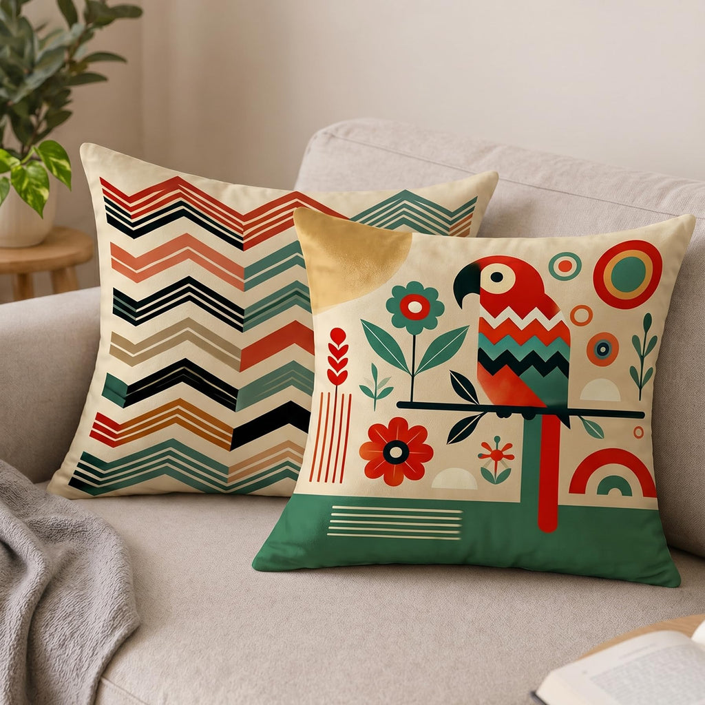 STITCHNEST Printed Satin Cushion Covers Colorful Parrot with Botanical & Geometric Chevron Design, 24x24 Inch, Pack of 2 for Artistic, Playful & Boho Home Styling