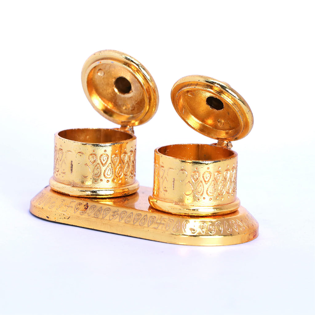 Prince Home Decor & Gifts Metal Golden Finish Chandan Roli Box Double Kumkum Dani Pooja Purpose