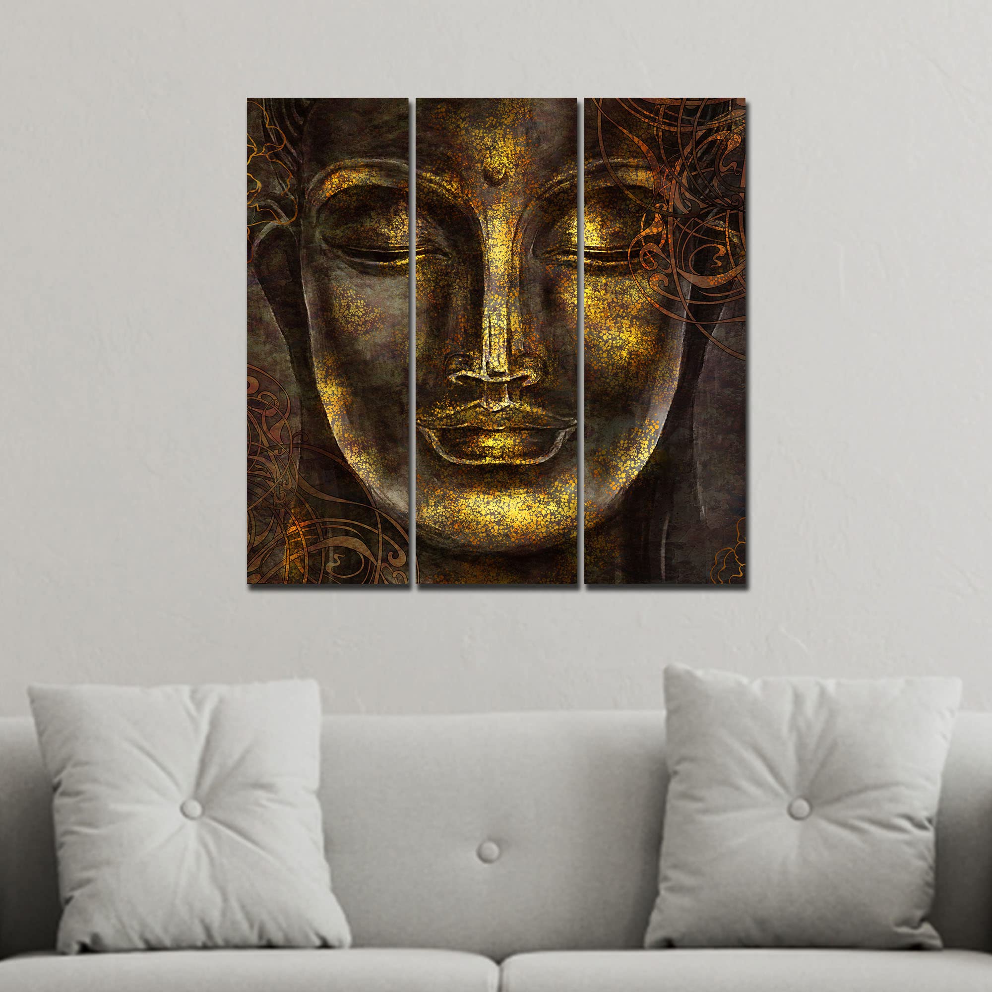 VIBECRAFTS 3 Pieces Sculpture Buddha Canvas Wall Painting Fitted With Wooden Frame For Home | Office | Living Room | Gifts (PTVC3Pcs1_9590)
