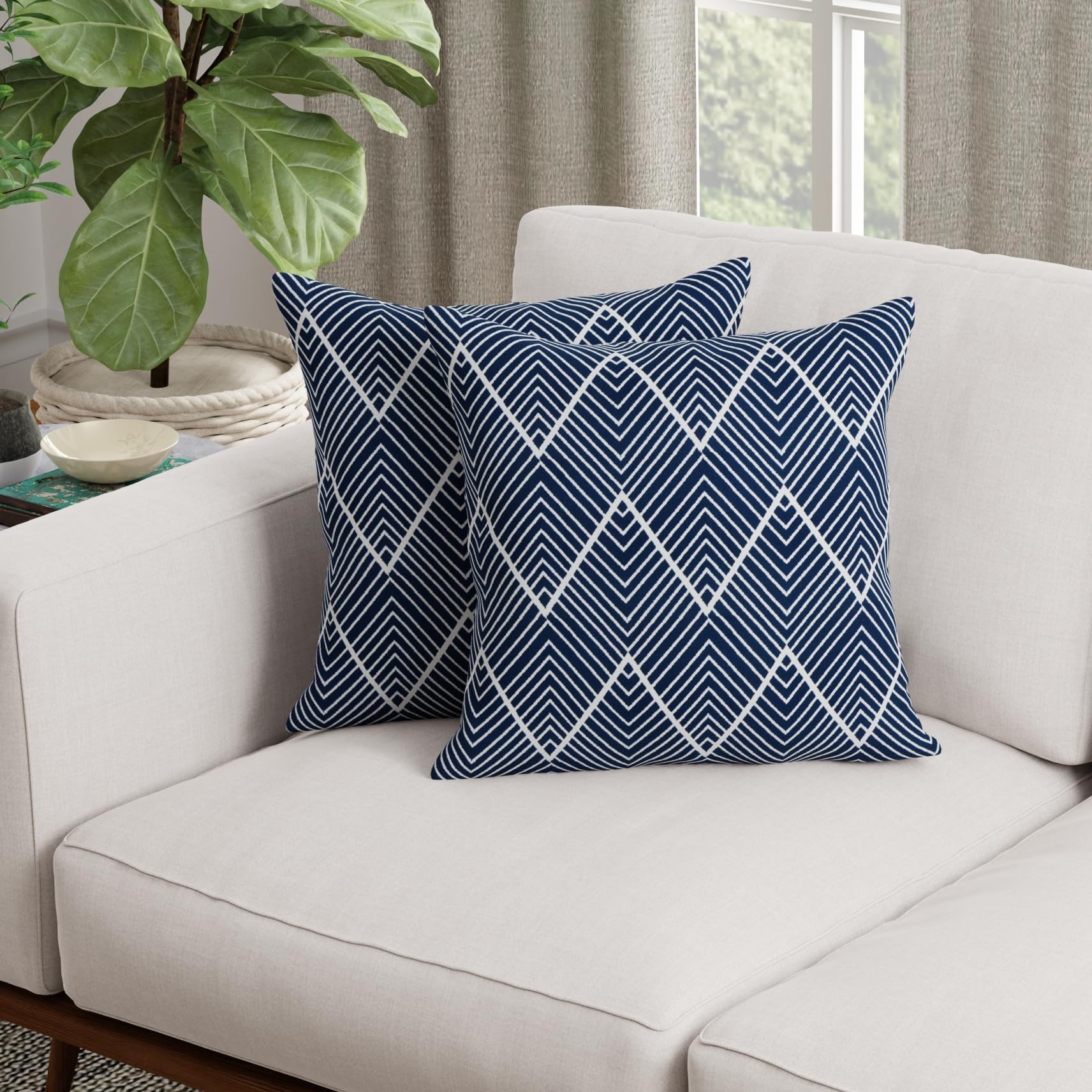 HUESLAND Premium Cotton Cushion Cover 16 inch x 16 inch | Decorative Square Throw Pillow Covers Set for Sofa, Living Room & Bedroom | Set of 2 | Navy Wave