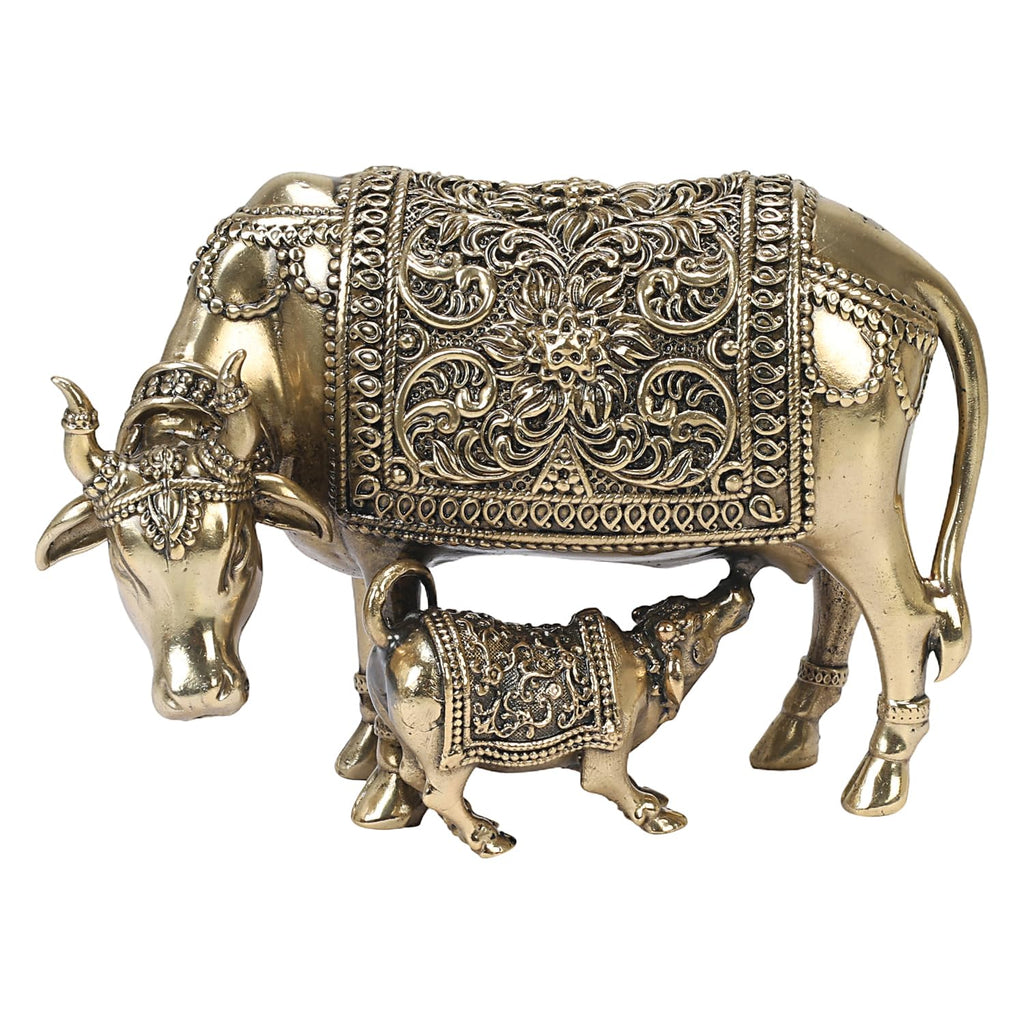 ARTVARKO Superfine Brass Kamdhenu Cow and Calf, Vastu Gau MATA Idol, Vastu Nandi Religious Showpiece, Temple Puja Home Décor 5 Inch
