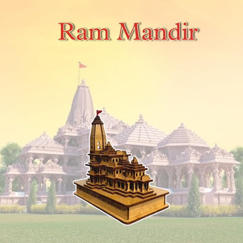 eXme Ram Mandir Wooden Miniature Temple Statue – Handcrafted Lord Ram Mandir Idol for Home, Office, Car Dashboard & Gifting | Spiritual Decor Showpiece (W 8 x D 14 x H 14.5 cm)