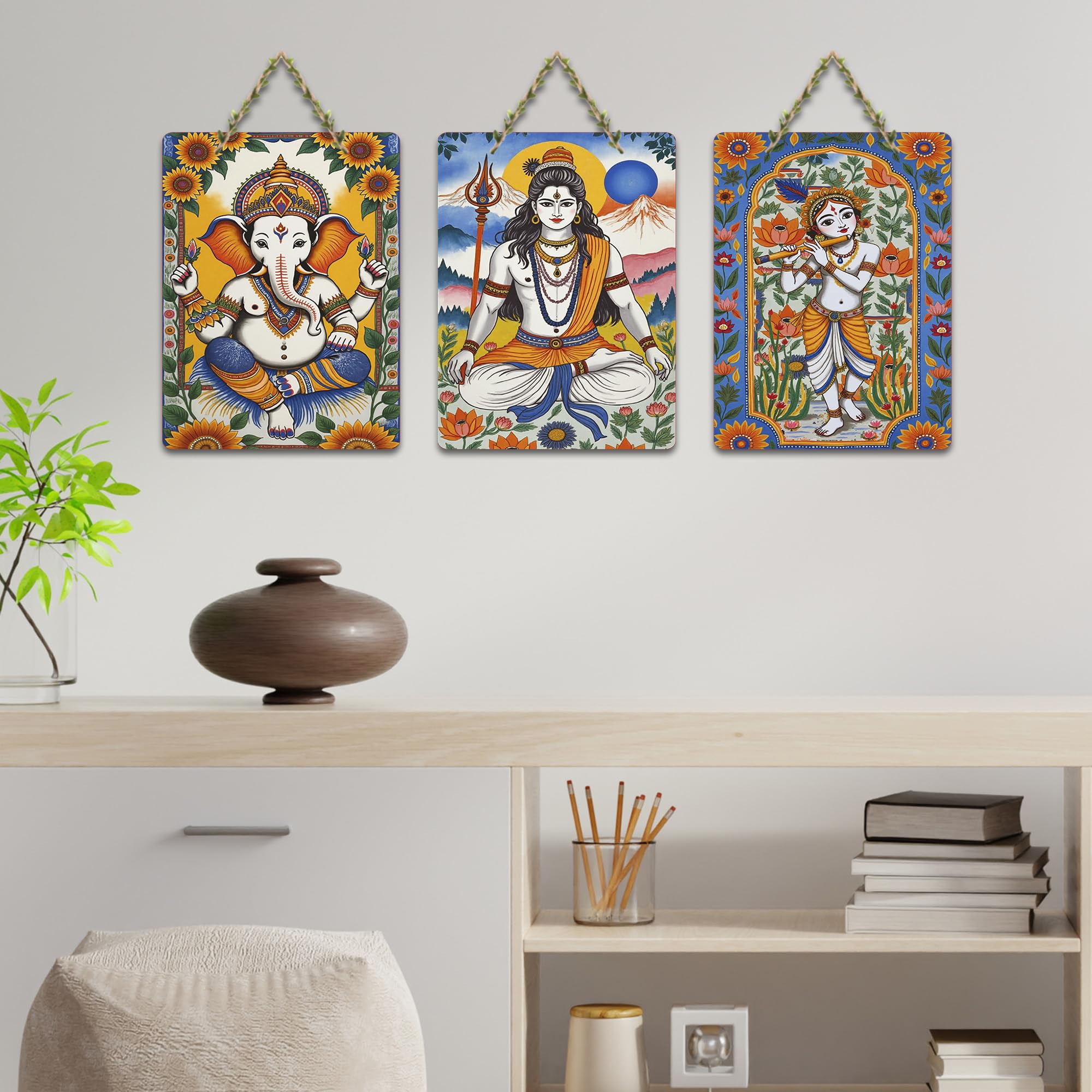 Artvibes Divine Ganesha Mahadev & Krishna Sacred Art Wall Hanging Home Decorative Wall Art | Spiritual Decor Items | Painting Wall Decor | Wall Poster | Art For Wall | Gift Items (WH_9630N), Set of 3