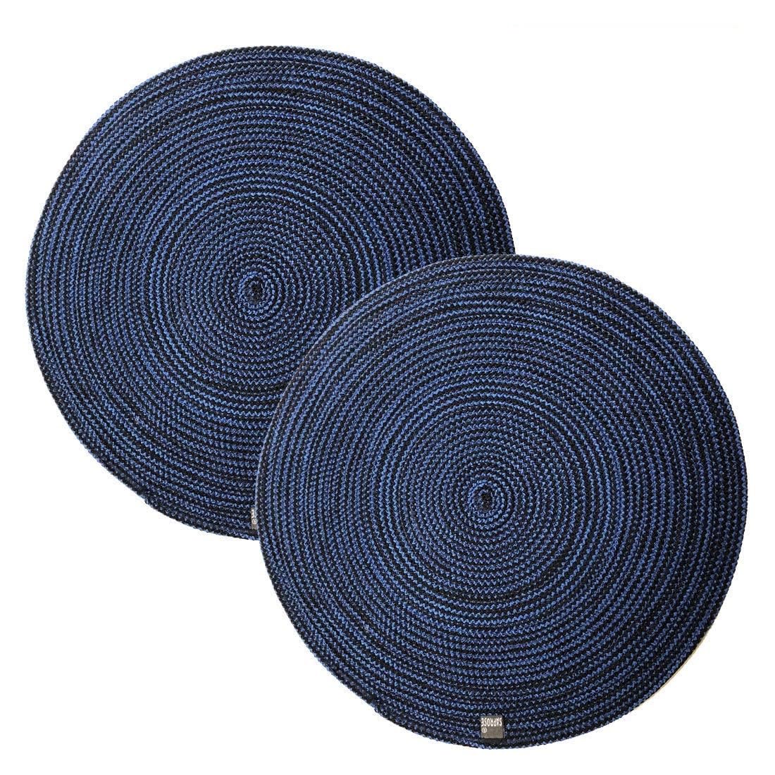 SAPROSE® Polypropylene Multipurpose Braided Round Table Mat (2 PCS Pack, 40 cm), Dinning placemats, Side Tablemat, Doilies, Machine Washable (15.5 Dia, Blue-Black Melange) Kafalo